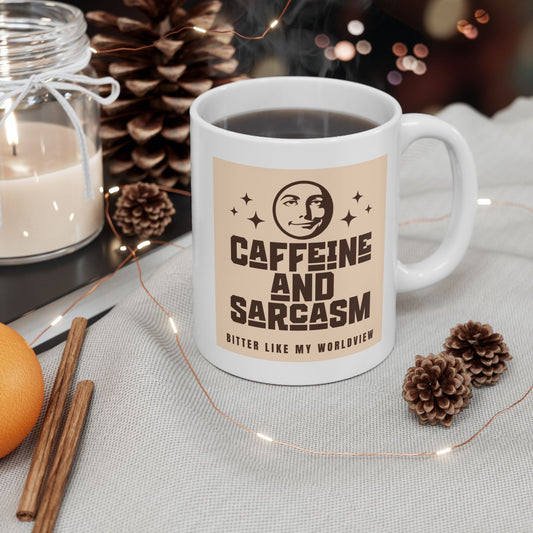 Caffeine and Sarcasm Bitter Like My Worldview, funny coffee mug, hilarious ceramic coffee mug, coffee lover gift idea, silly coffee mug